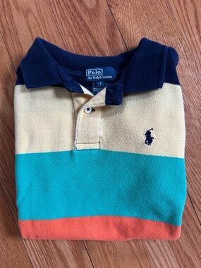 Boy’s Polo by Ralph Lauren Navy, Yellow, Teal & Orange Striped Polo